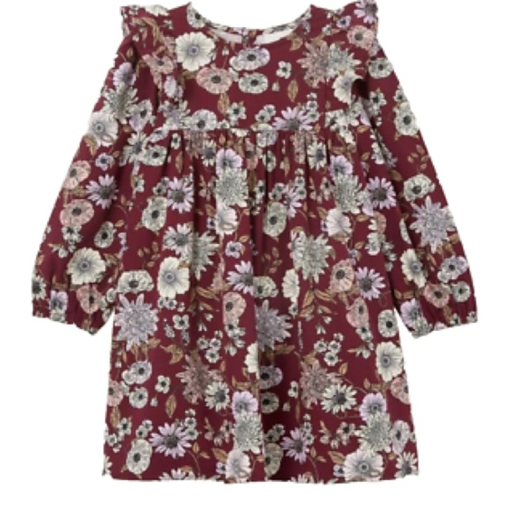 Cotton On Kids Girls Floral Dress Size 4 Burgundy Fall Long Sleeve Boho Dress